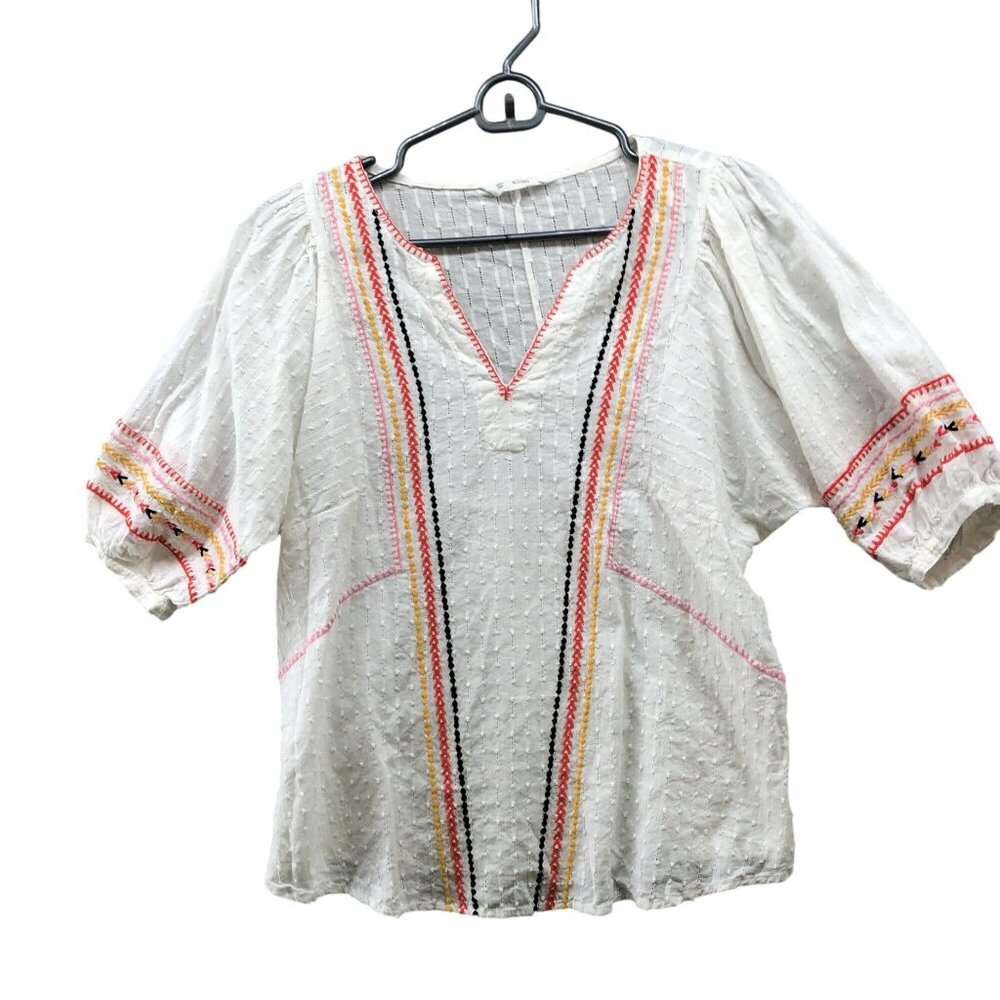 ACOS&A Embroidered Top Womens S Ivory Cotton Split Neck Boho Textured Blouse